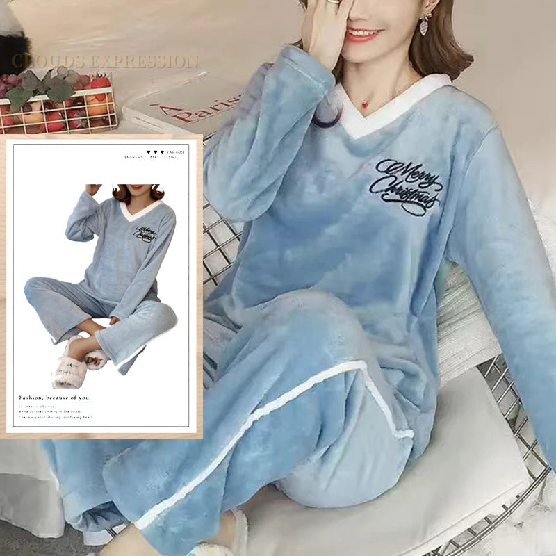 Autumn Winter Flannel Women's Pajamas Sets Polka Dots Printed Teddy Sleepwear Velvet Homewear Kawaii Girsl Pijamas Mujer Pyjama