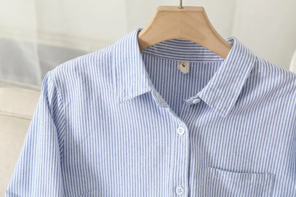 Casual Cotton Women's Oxford Shirt 2024 Autumn New Good Quality Woman Blouse and Tops Lady White Blue Striped Shirts Clothes