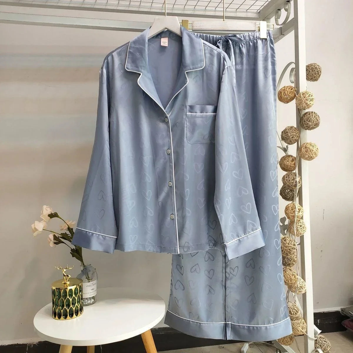 2 Piece Summer Women's Pajamas Sets Satin Silk Thin Pyjama Pijama Mujer Striped Sleepwear Long Sleeve Pants Loungewear Homewear