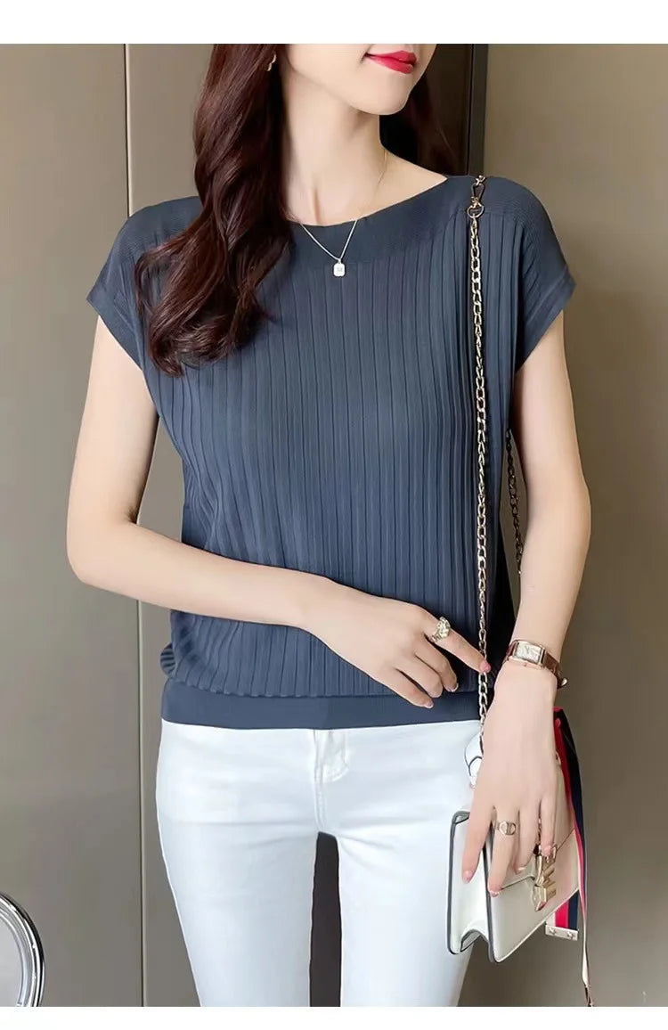 2025 New Spring Autumn Fashion Straight Neck  Knitted Sweater Short Sleeve Women Solid Color Simple Casual Tops Fema