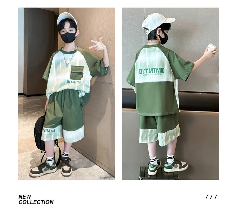 Boys Clothes Sets With Front Pocket 2025 Summer New Tshirts + Shorts Children's Clothes High Quality Kids Boy Sport Suits 5-14T