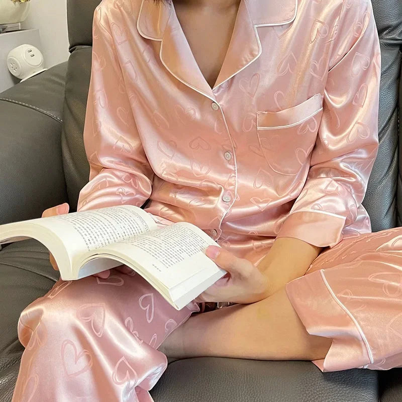 2 Piece Summer Women's Pajamas Sets Satin Silk Thin Pyjama Pijama Mujer Striped Sleepwear Long Sleeve Pants Loungewear Homewear