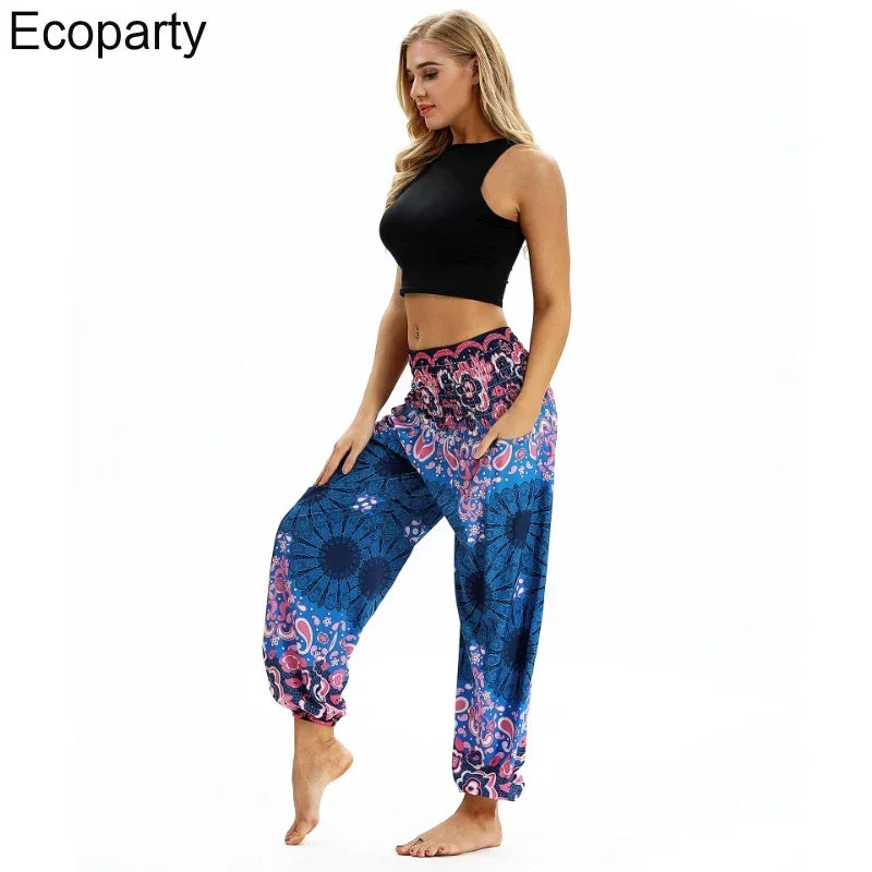 Women Yoga Pant Indian Nepal Loose Comfy Trousers Multicolor Bohemia Geometric Floral Print Wide Leg Pants Bloomers For Women