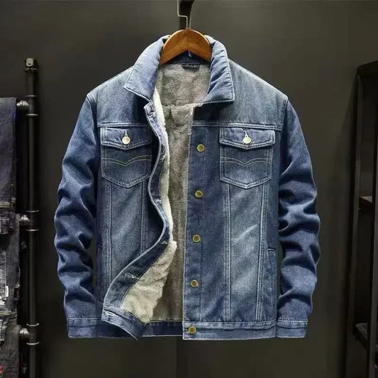 Men Coat Thick Denim Jackets Turn Down Collar Lamb Wool Coats Full Sleeve Casual Splice Single Breasted Jacket Autumn Winter