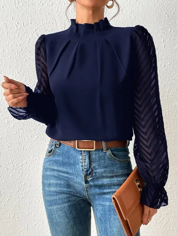 Elegant Women's Shirt Office Lady Blouse 2023 Autumn Half High Collar Panel Wave Chiffon Long Sleeve Top Women's Shirt S-XXL