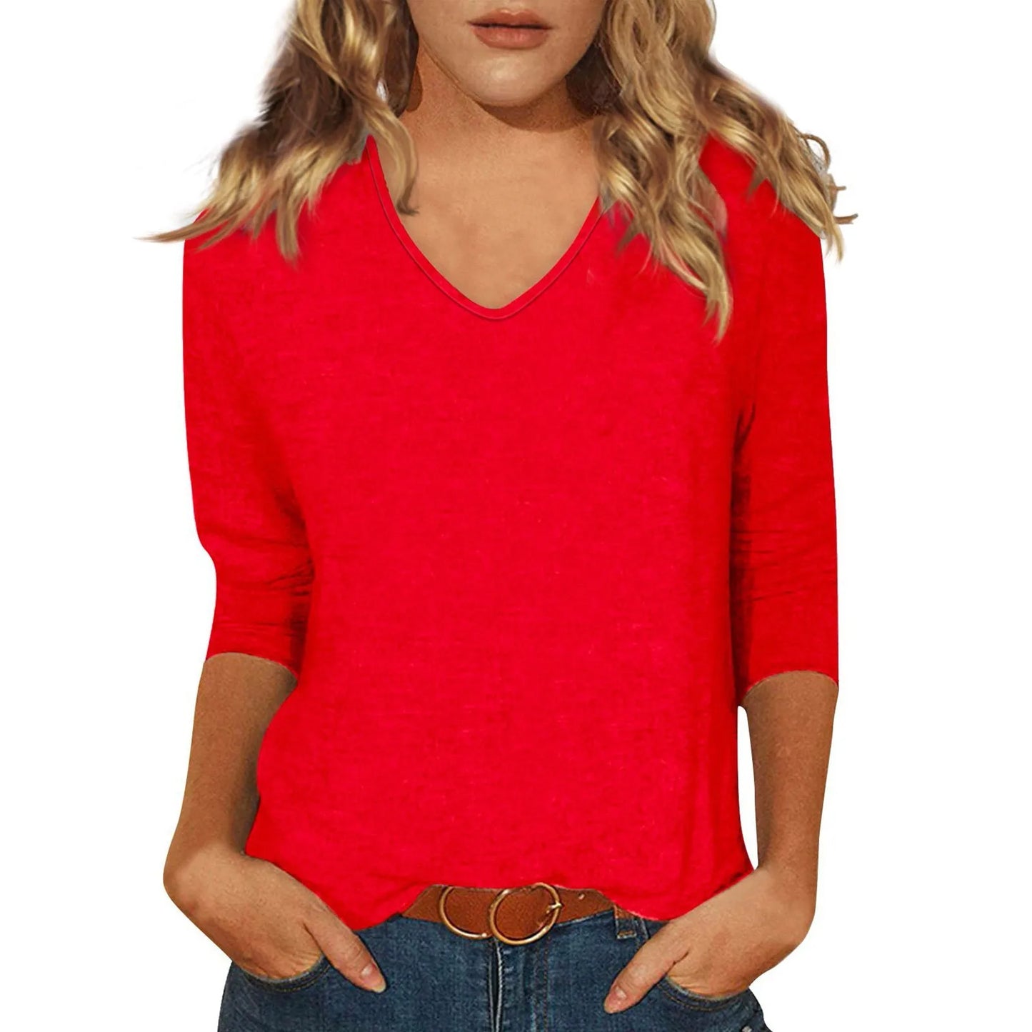 Women's T-Shirt Fashion Casual Everyday Versatile V-Neck 3/4 Length Sleeve Tops Solid Color Printed T-Shirt Top