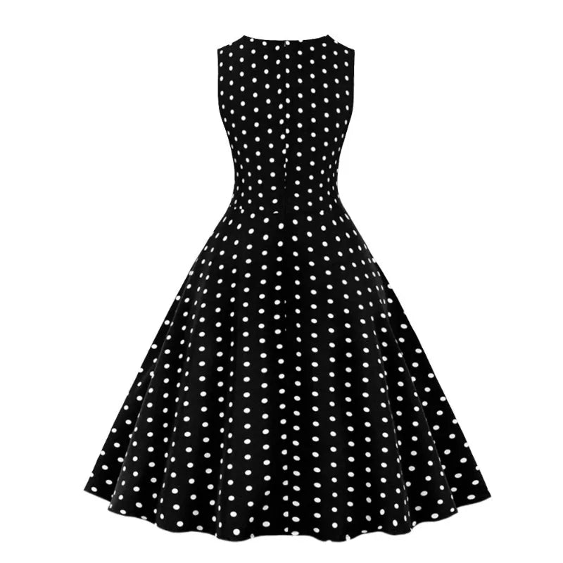 2025 New Women Party Dress Dot Print Sleeveless A Line 50s Evening Gowns Red A-line Tight Waist Prom Banquet Summer Midi Dress