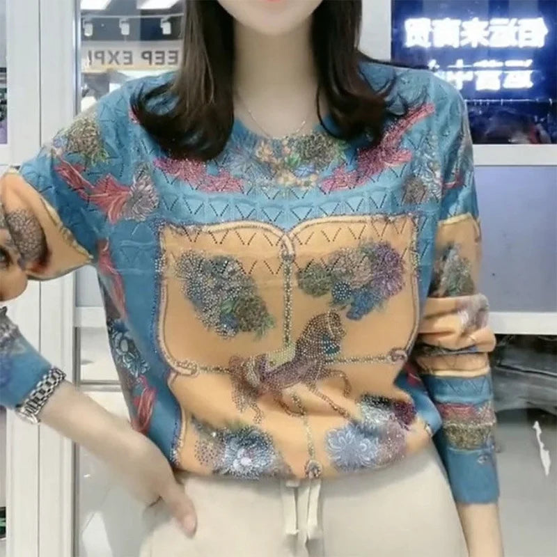 Autumn Winter Oversized Diamonds Print Loose Casual Sweater Women Round Neck Elegant Knitting Pullover Fashion All-match Top