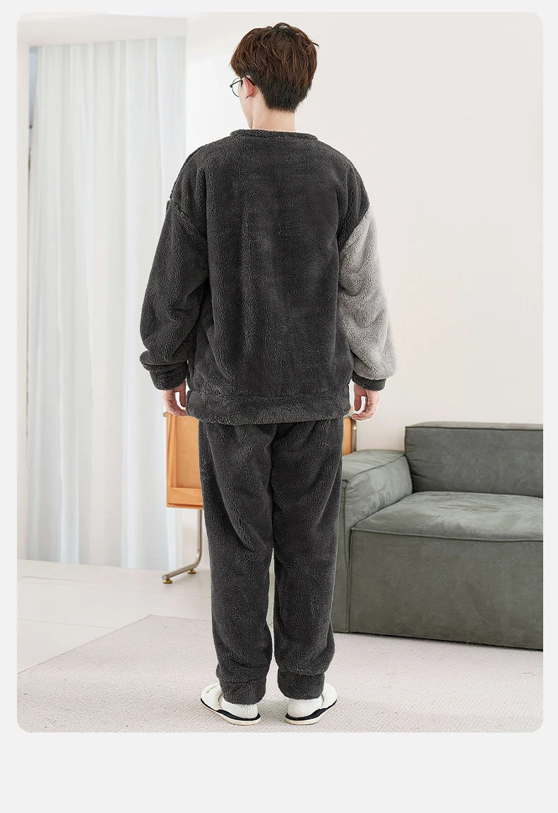 Winter Korean Men Pajamas Sets Adult Sleepwear Home Clothes Thicken Soft Pijama Suit Loungewear Loose Bear Male Pyjama Clothing