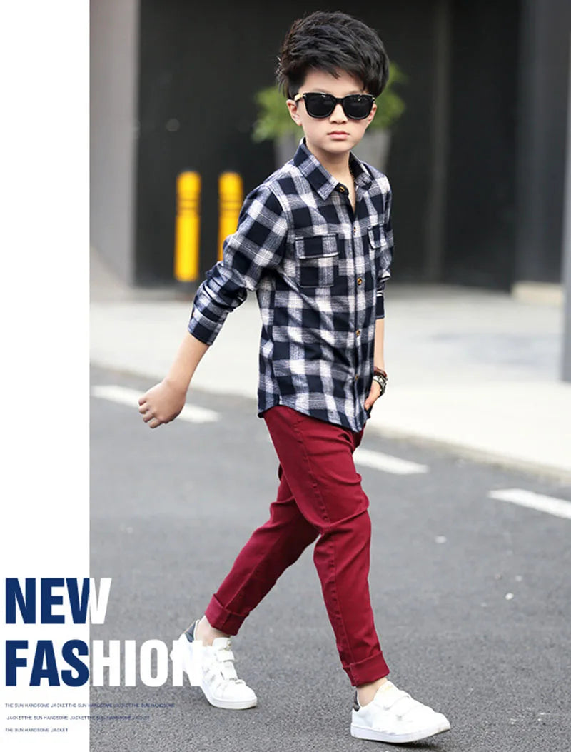 Boys Shirts Fashion Children Plaid Shirts Cotton Long Sleeve Boys Tops Shirt Teenage Kids Boys Clothes 5 6 8 9 10 12 14 15 Years