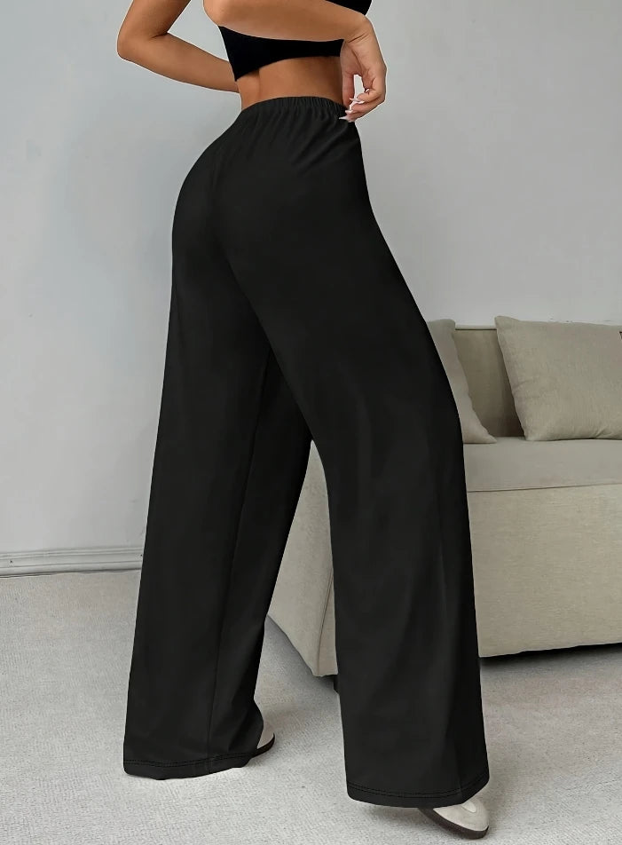 Women's Pants 2024 Spring Fashion Solid Color Low Waisted Casual Elastic Waisted Lace Up Wide Leg Daily Sports Pants