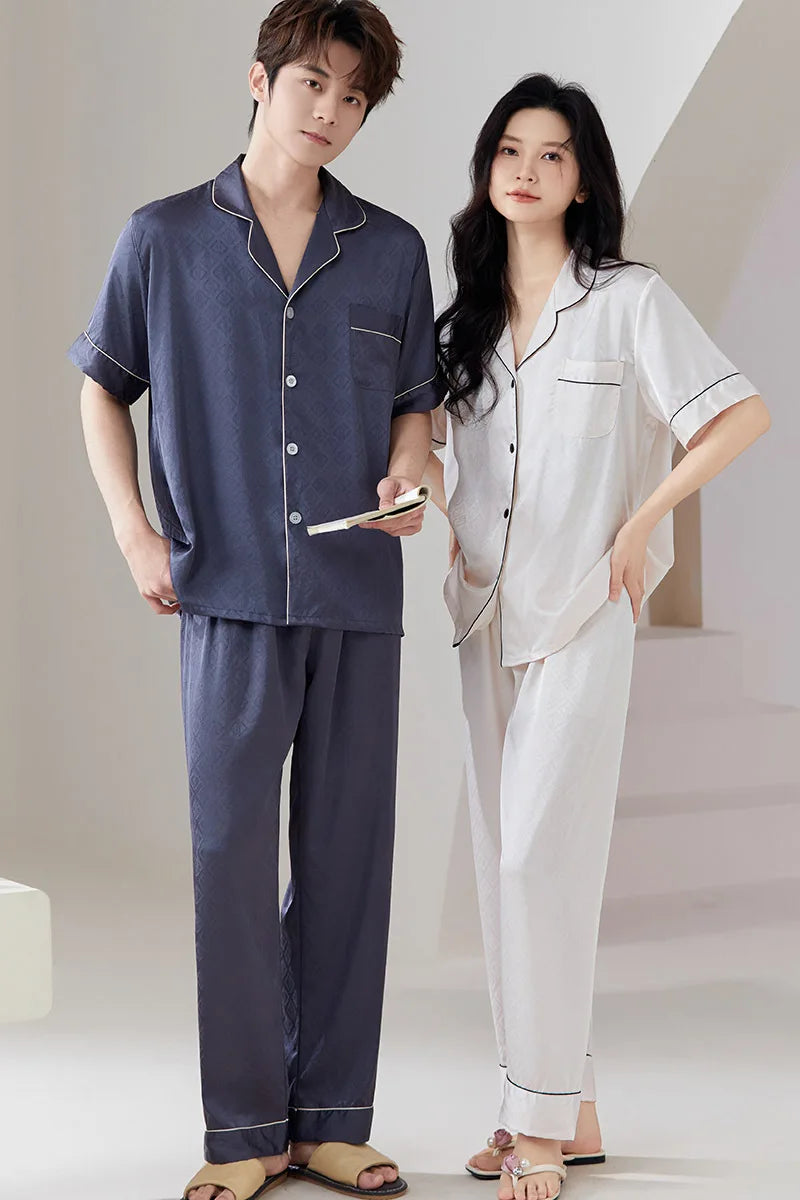 Pajamas for Couples Ice Silk Satin Men's Women's Short Sleeves Shirt Pants Sleepwear Home Clothes Suit Male Pijama
