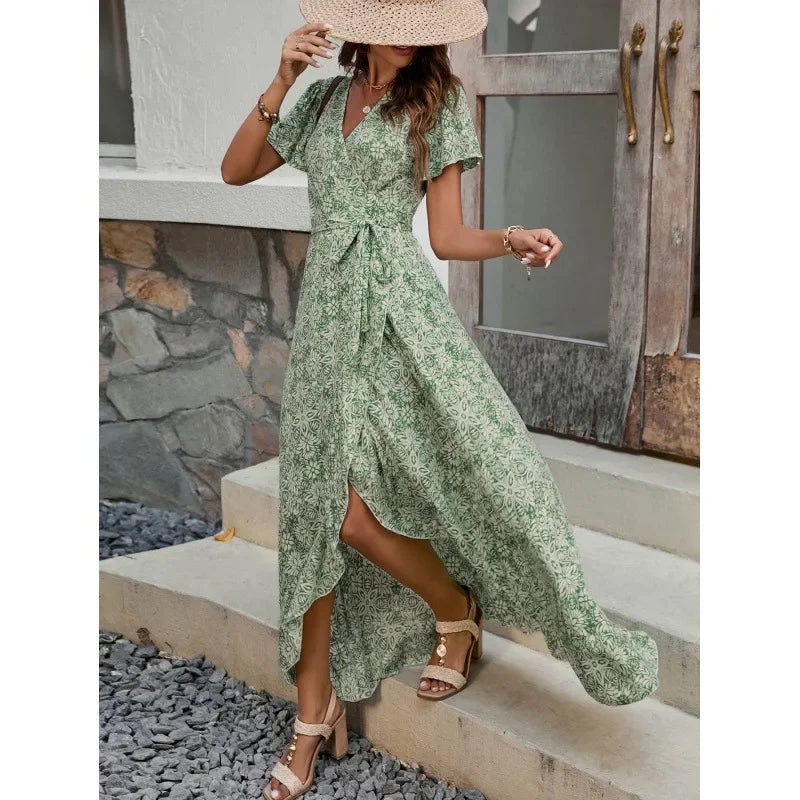 New Summer Women's V-neck Print Short-sleeve One-piece Belted Dress Beach Vacation Style Midi Skirt Regular Waistline