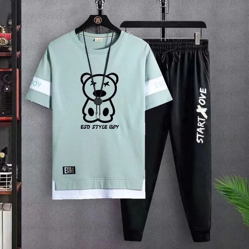 T Shirt for men Casual Set Suit  T-shirt Slim Fit Short Sleeved Fashion chothes and Trendy Versatile T-shirt and Sports Pants