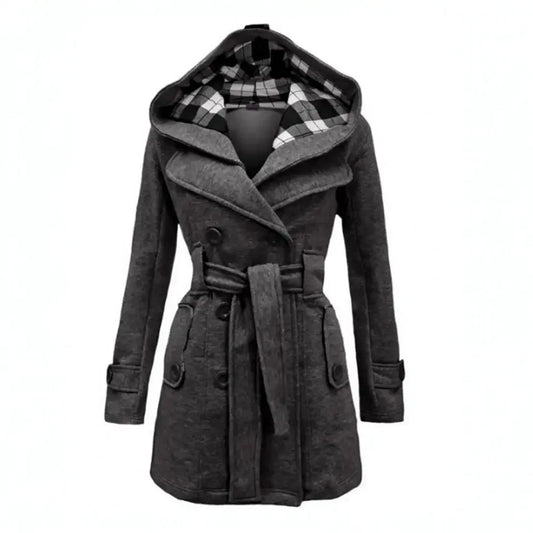 British Style Women Woolen Coat with Belt 2025 Double-Breasted Winter Coat Women's Jacket Double Neckline Plaid Hooded Overcoat
