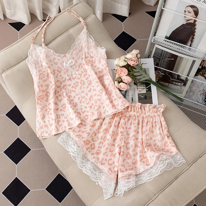 2024 New Sexy Floral Print Pajamas Women's Nightwear Lace V-Neck Ice Silk Pijama
