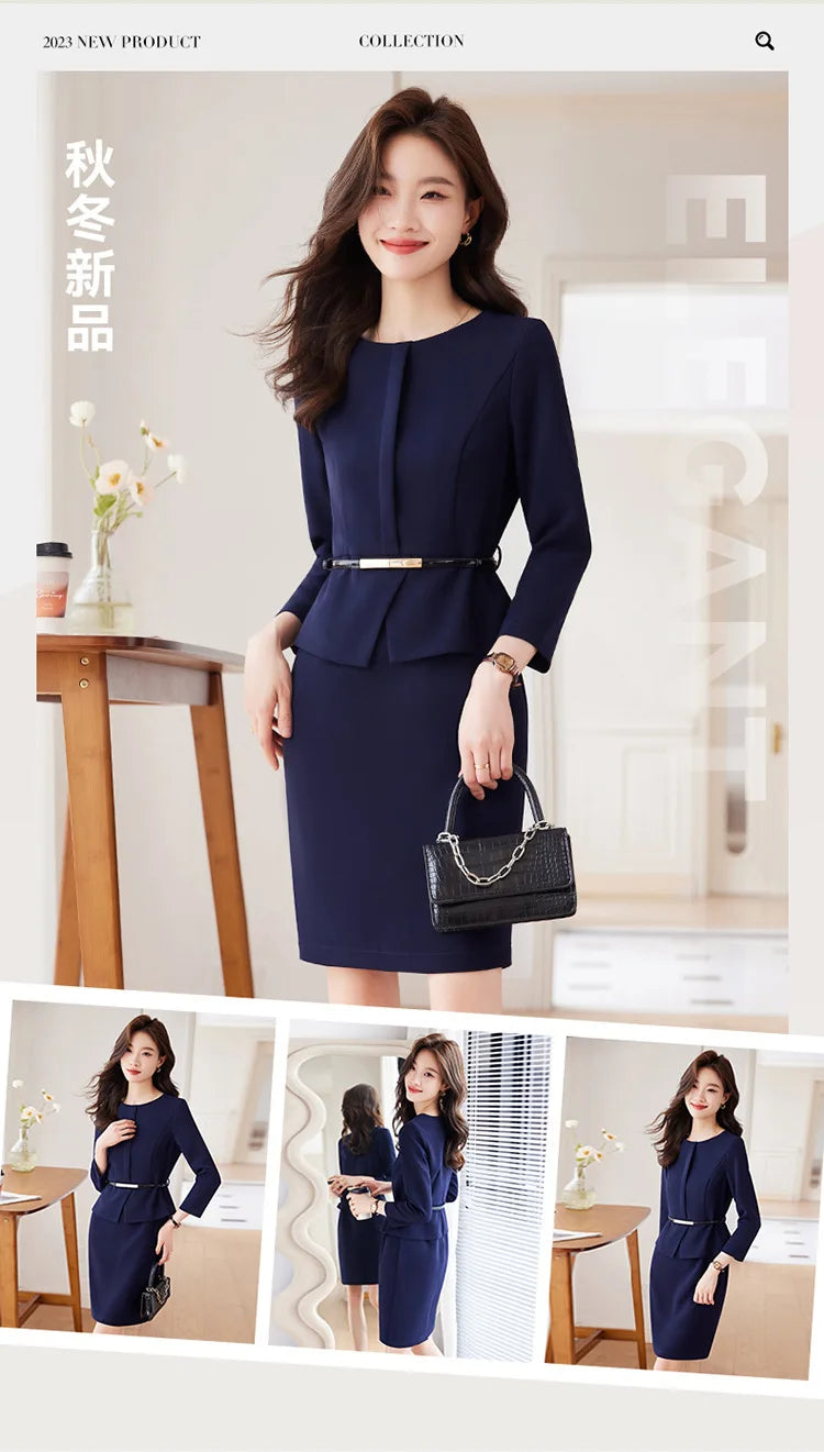 Women's Professional Dresses Suits, Women's Slim Temperament, Hip Dress Skirts, Hosts, Hotel Office Lady Overalls with Belt
