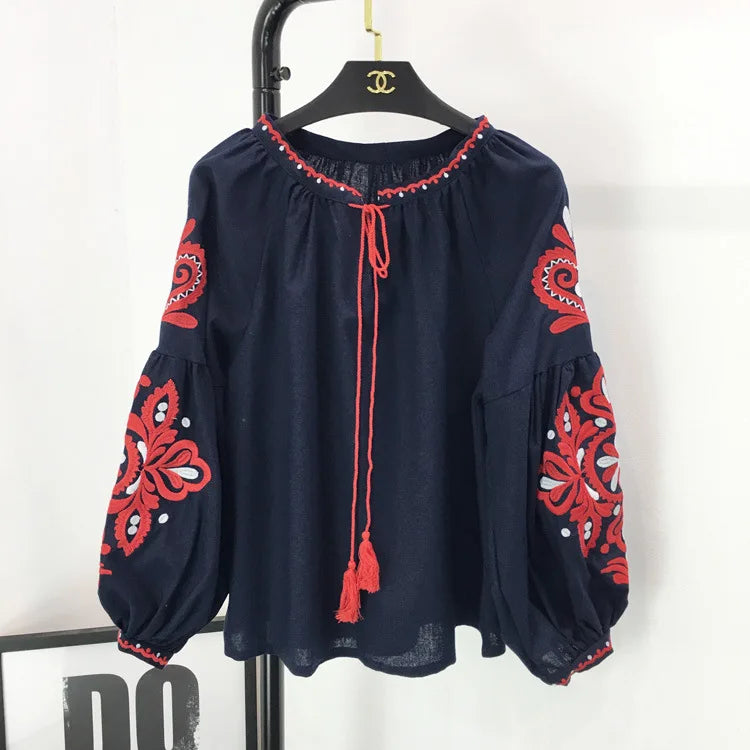 Bohemian Embroidered Dress for Women, Boho, Flower, O-Neck, Lantern Long Sleeve, High Waist, Cotton, White, Spring