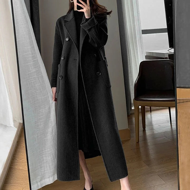 Women‘s Coat Winter Korean Fashion Long Coated Thickened Woolen Winter Coat for Women Black Coat Harajuku