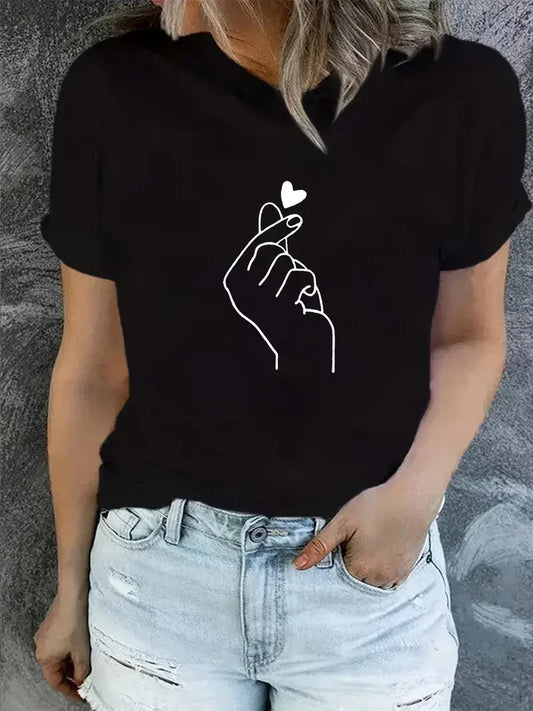 Tshirt Heart Print T-Shirt Short Sleeve Crew Neck Casual Top for Summer Spring Women's Clothing Aesthetic Clothes