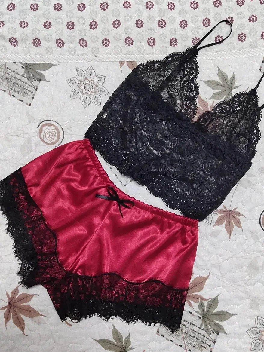 Pajama Sets Women Lace Silk Sleepwear Sexy Lingerie Crop Tops and Shorts Babydoll Nightwear Loungewear Pijamas
