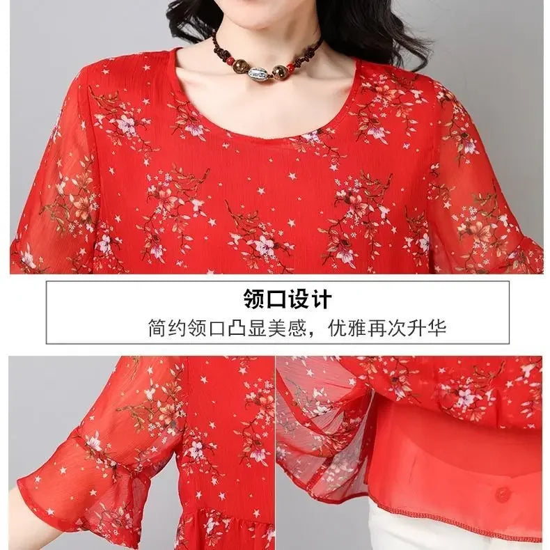 Blouse Women Chiffon Shirt Short Sleeve Women's Top Printed Loose round Neck Blusas Ropa De Mujer