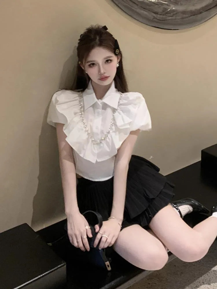 White Women Blouses 2025 Blusas Mujer De Moda Puff Sleeve Slim Fit Heavy Diamond Crop Tops Ruffles Sweet Summer Blouse Shirts