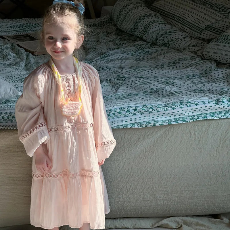 Girls Dress 2025 Spring New Elegant Lace Dress Sweet Girls Long Dress Ruffle Kids Dress For Girls