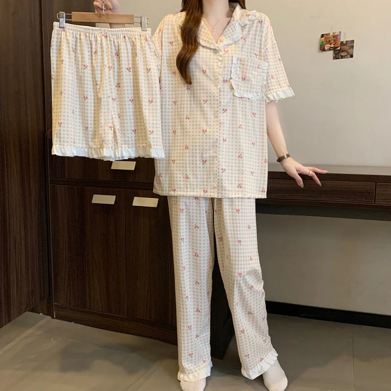 Women's Pajamas Cherry Plaid Print Sleepwear Button Top Korean Casual 3 Piece Suit Pyjama Femme Nightwear Loungewear for Summer