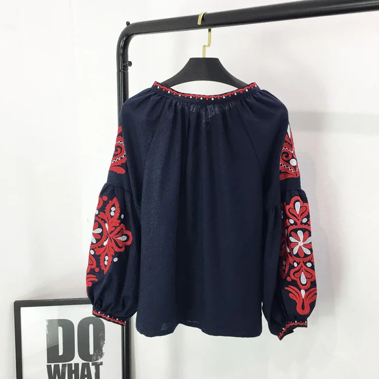 Bohemian Embroidered Dress for Women, Boho, Flower, O-Neck, Lantern Long Sleeve, High Waist, Cotton, White, Spring