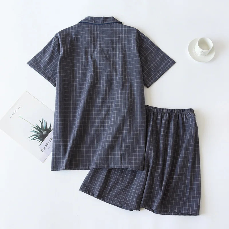 New2025 Men's Summer PajamasThin Short-sleeved Shorts Soft Cotton Simple Japanese Plaid Home Service Suit Pantalon Pijama Hombre