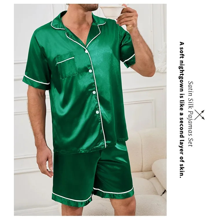 Men's Pajamas Set For Summer Short Sleeve Pocket Button Down Shirt & Shorts Pyjama Loungewear Set Sleepwear Pijama Home Clothing