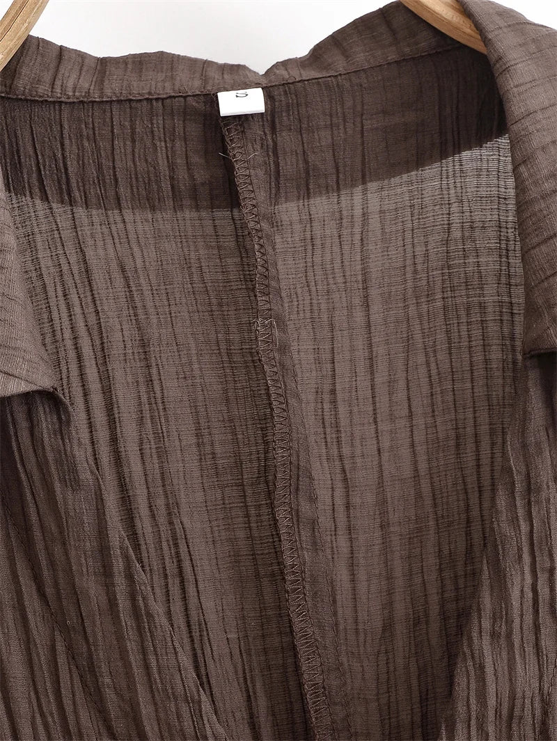 Women's Blouse New Summer 2025 Brown Long Sleeve Translucent Shirt Bow Decoration Sexy and Fashionable Personality and Versatile