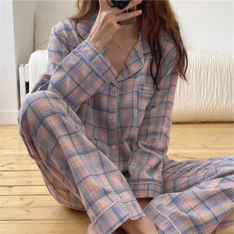Pajamas Female Autumn and Winter Long-Sleeved Sweet Homewear Two-Piece Tide Cardigan Lapel Plaid Homewear 1