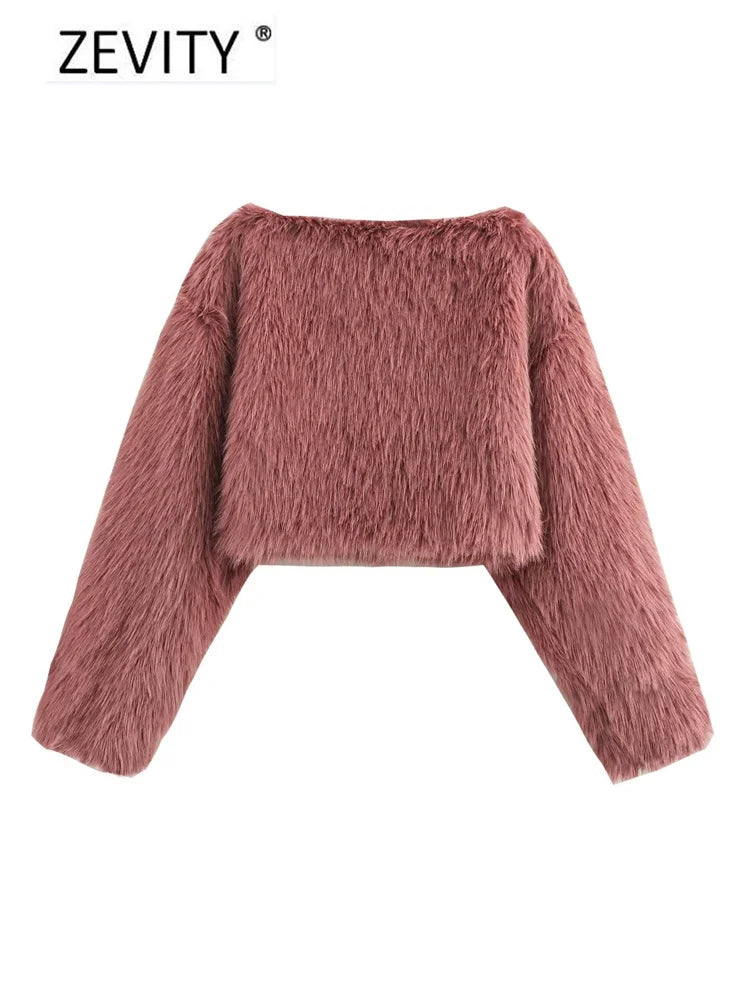 ZEVITY Women Fashion 4 Colors O Neck Long Sleeve Casual Fur Pullover Jacket Female Outerwear Chic Autumn Winter Coat Tops CT7356