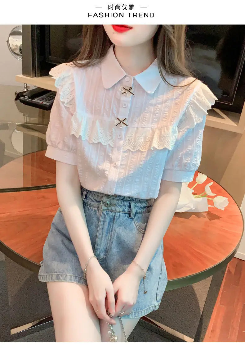 Summer Dress Women's Shirt T-Shirt New Women's Shirt Cotton Shirt Women's Foreign Design Sense Niche Short Sleeve Lace Top
