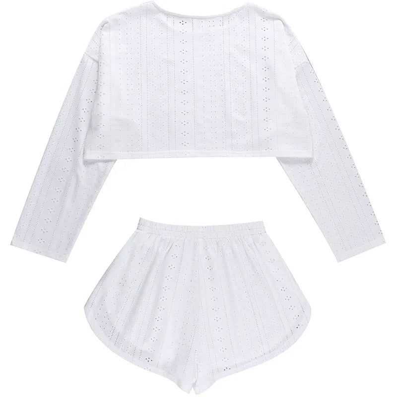 Pajamas for Women Summer Sleepwear Hollow Out Pajama Long Sleeve Tops Shorts Pyjama 2 Piece Set Homewear Nightwear Pijama Mujer