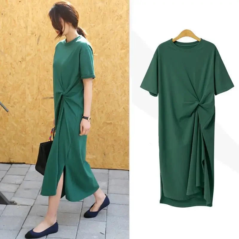 Summer Dress Casual 2024 Black Shirt Dress Midi Women Korean Style Clothes Side Split Ladies 4XL Short sleeve