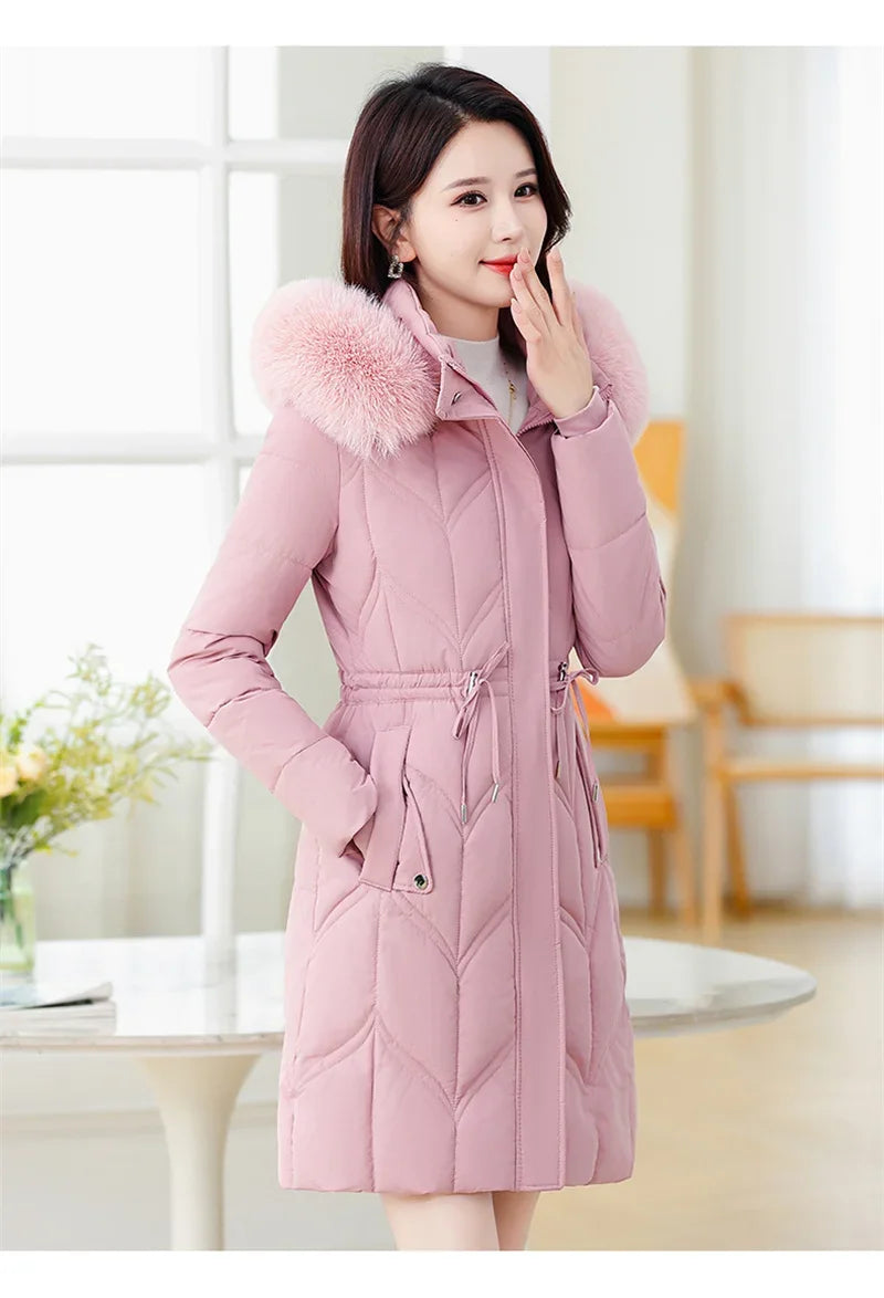 Women Down Cotton Jacket 2025 Mid Long Warm Ladies Outerwear Slim High-End Loose Women Winter Parka Coat Female Cotton Clothes