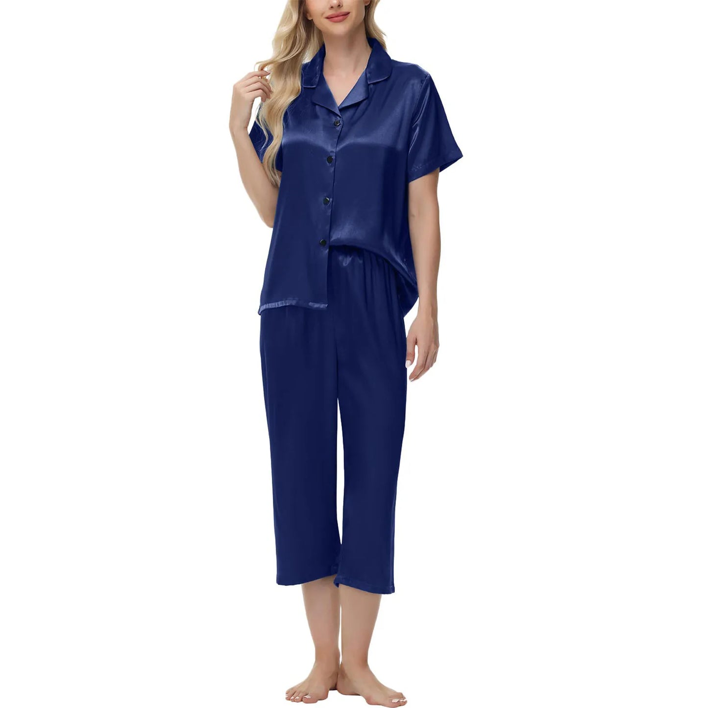 Women'S Pajama Set Burgundy Silky Fabric Short Sleeve Fashion Pants Home Clothes Bedroom Leisure Scene Stay At Home