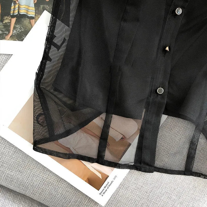 Black Blouse Women Clothing Puff Sleeve Turndown Collar Crop Tops 2025 Blusas Mujer De Moda Gauze See Through Sexy Shirts 7o132