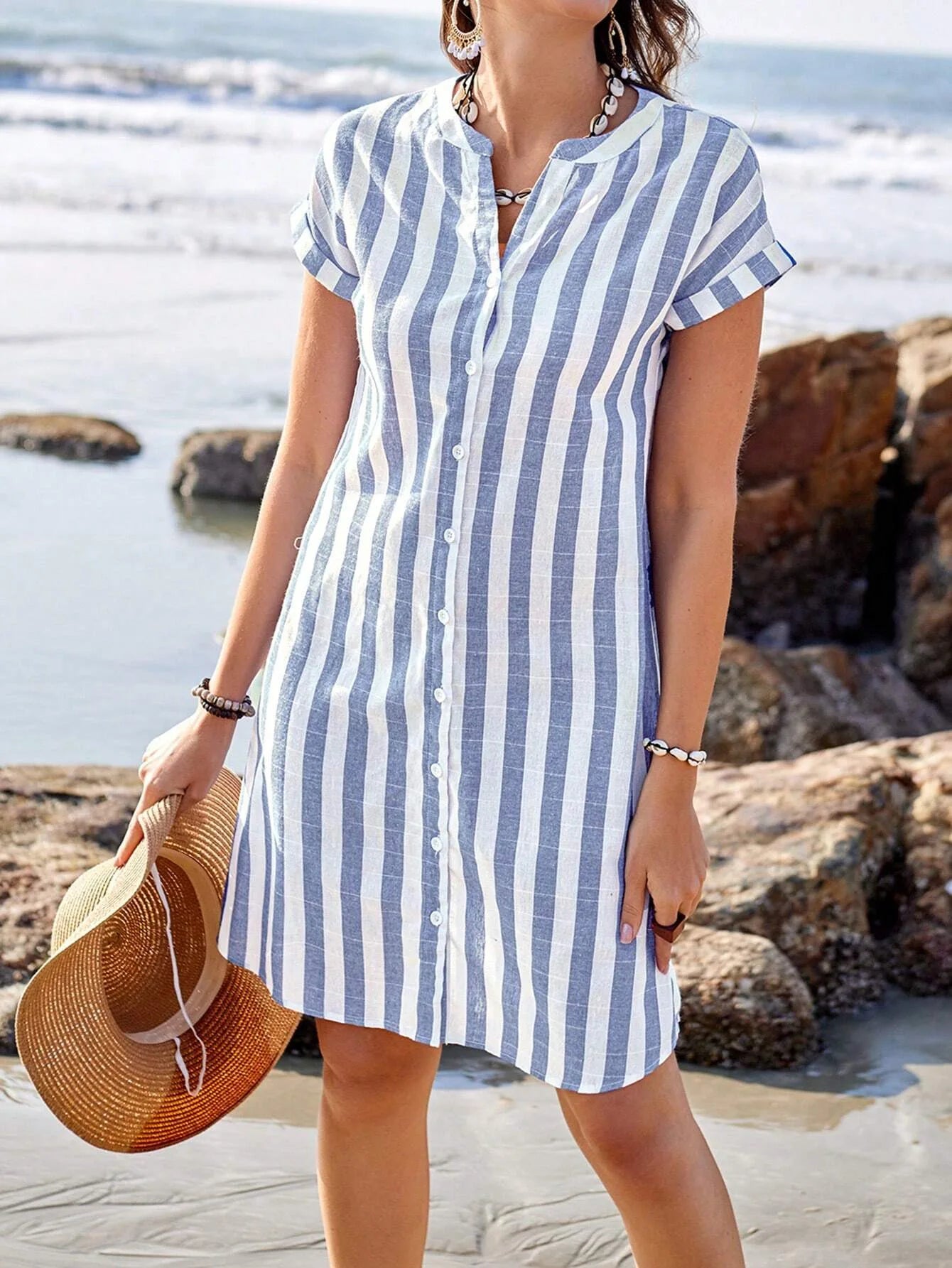 Women's Fashion Summer Shirt Dress Elegant Casual Striped Stand Collar Front Button Loose Short Sleeves Dresses