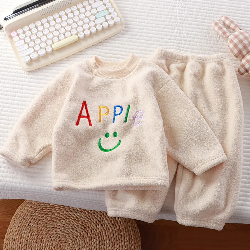 Children's Pajama Set for Boys and Girls Autumn and Winter with Thick Velvet Home Clothes Baby Warm Pure Color Clothing Set