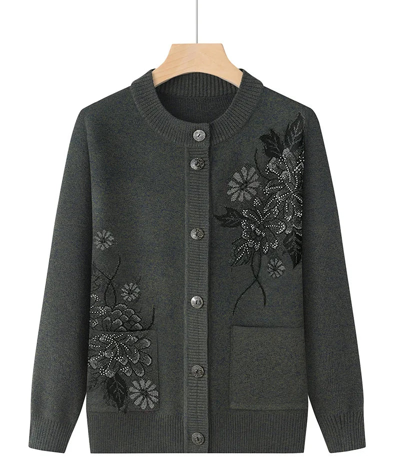 Korean Women's Clothes New Knit Woolen Printed Cardigan Coat Middle Aged Mother Knitwear Tops Vintage Grandma Sweater Jacket