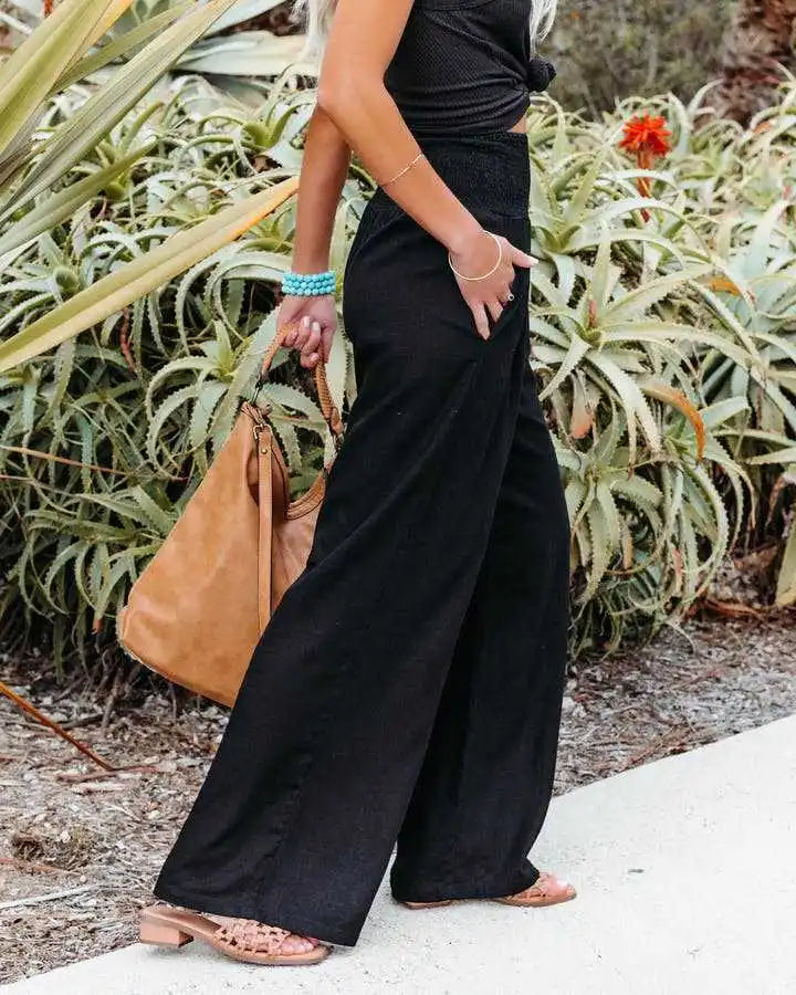 Women's casual pants with drawstring, mid waist, beach wide leg, spring and summer, European and American pants
