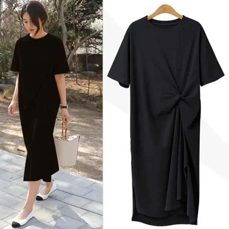 Summer Dress Casual 2024 Black Shirt Dress Midi Women Korean Style Clothes Side Split Ladies 4XL Short sleeve