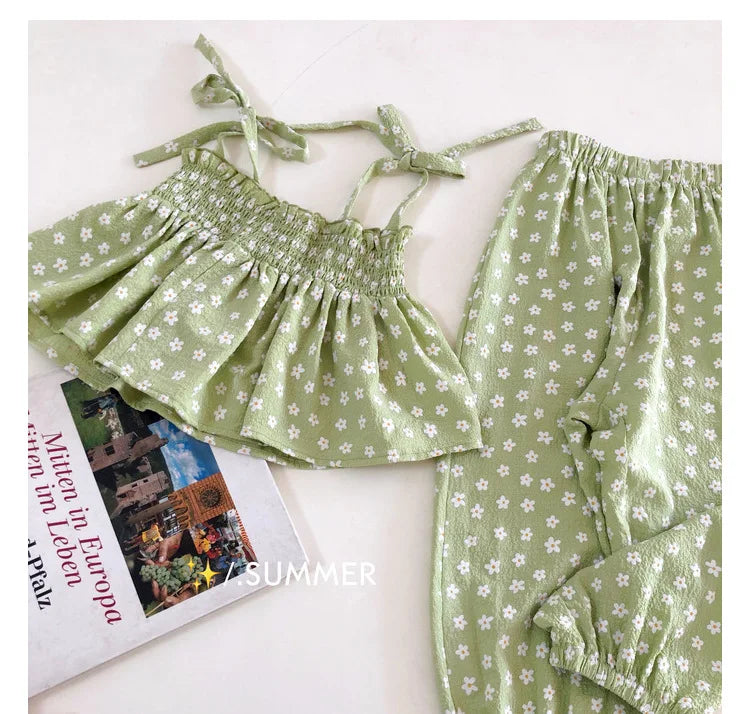 Summer Girls' Clothing Sets Sweet Cute Floral Camisole Plus Anti-Mosquito Pants Fashion Baby Kids Outfit Children Girls Clothes