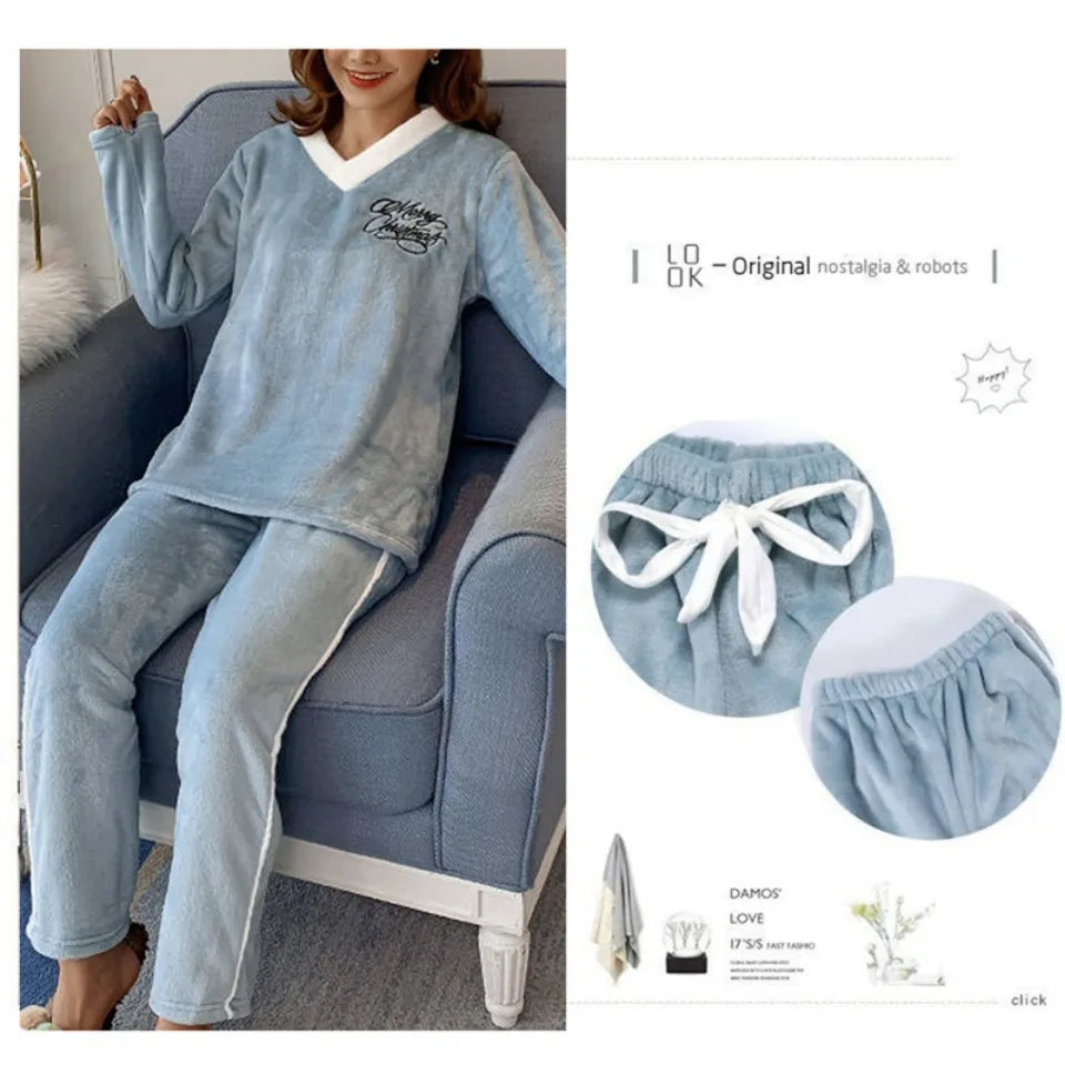 Autumn Winter Flannel Women's Pajamas Sets Polka Dots Printed Teddy Sleepwear Velvet Homewear Kawaii Girsl Pijamas Mujer Pyjama