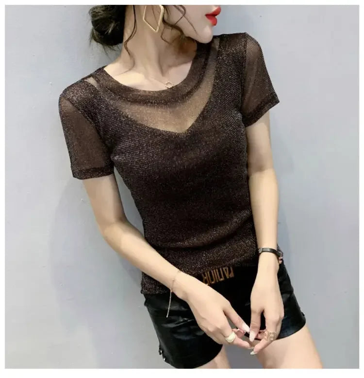 Summer Women Clothing 2025 New Half-sleeved Fashionable Short-sleeved T-shirt Hollow Mesh Top Lace Pullover