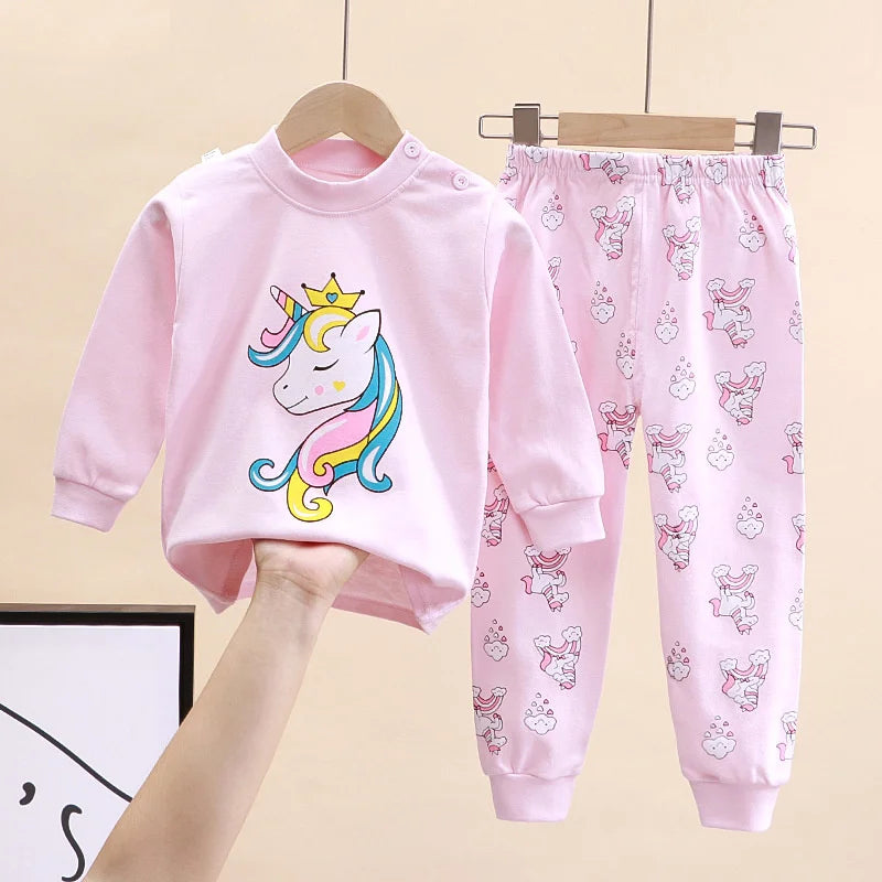 Kids Cartoon Print Pajama Sets Autumn Winter Warm Clothing Suits Spring Boys Girl Fashion Print Pullover+Pants 2Pcs Outfits 0-8Y